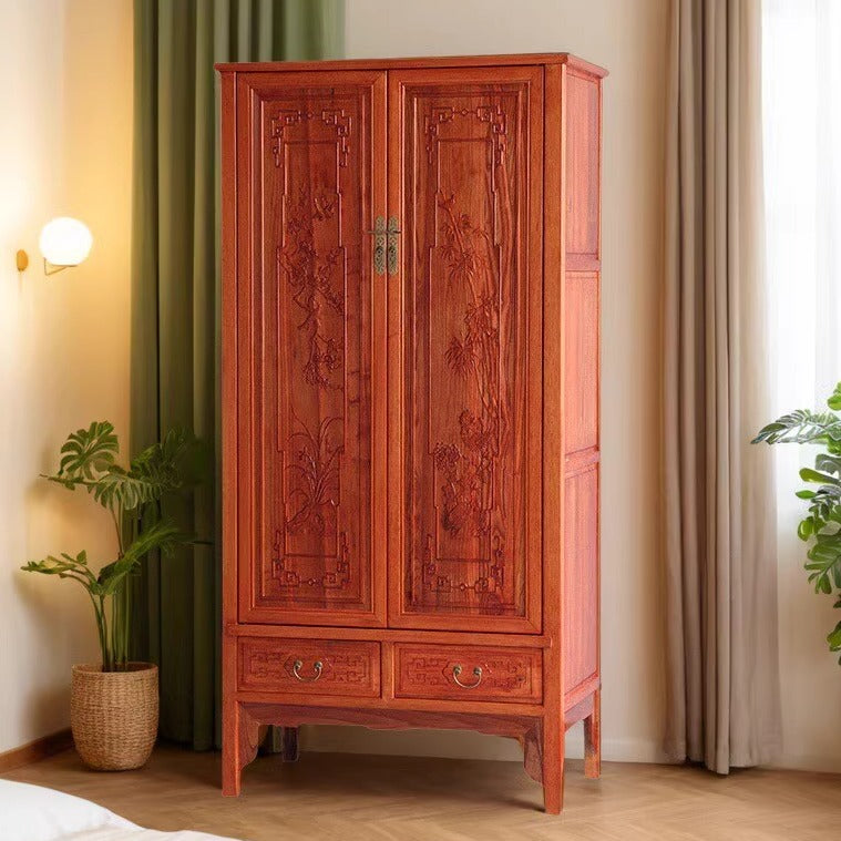 Chinese-Style Solid Wood Wardrobe – 2-Door Carved Armoire with Top Cabinet for Bedroom Storage
