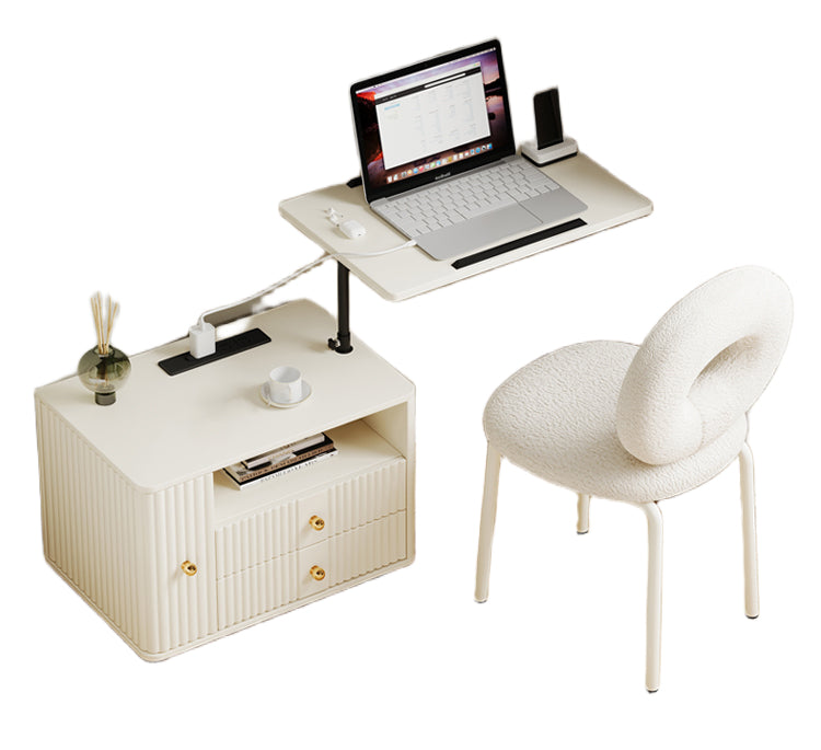 Adjustable Mobile Bedside Table – Cream-Style Multifunction Storage Rack & Laptop Desk with Solid Wood Panels