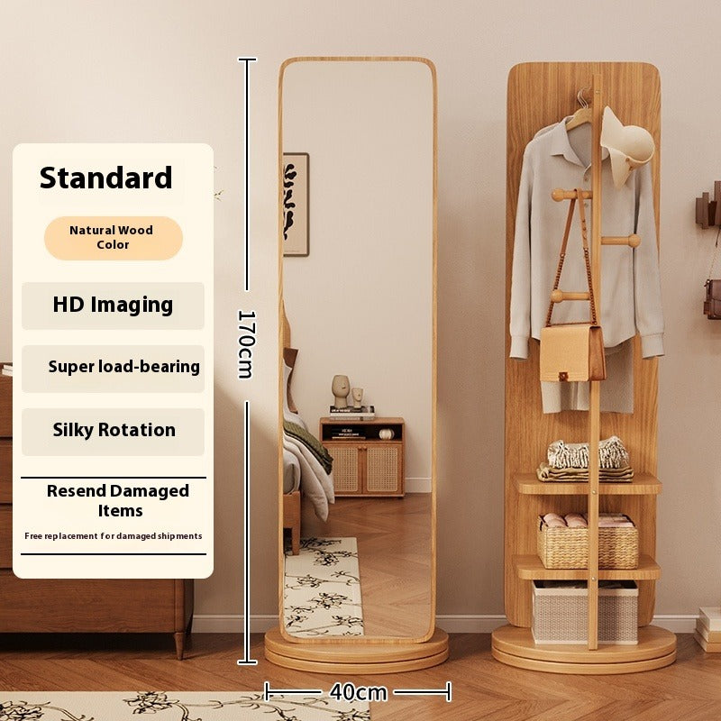 Rotating Full-Length Mirror with Coat Rack – Freestanding Dressing Mirror with Hooks and Wheels for Bedroom Use