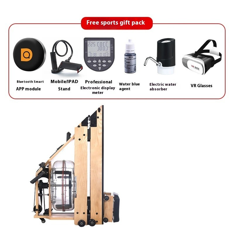 Commercial Water Rowing Machine with Foldable Solid Wood Frame for Home & Gym Use