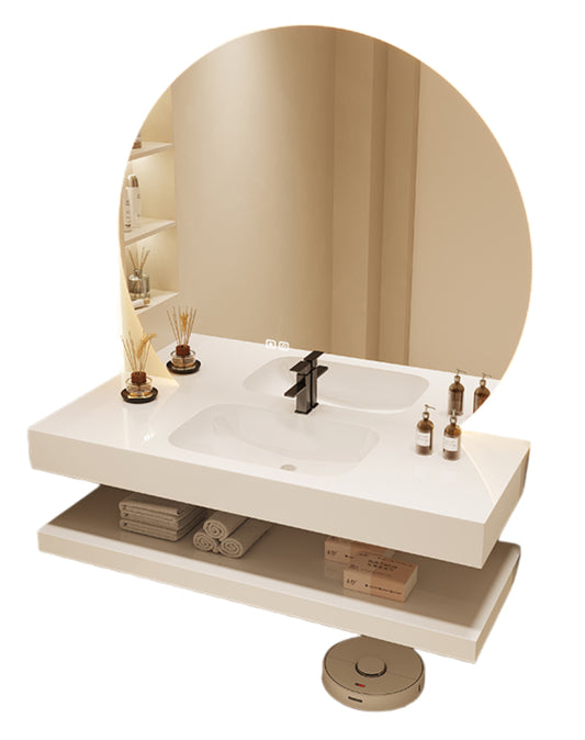 Cream-Style Bathroom Vanity – Seamless Sintered Stone & Ceramic Basin Set with Smart LED Half-Round Mirror