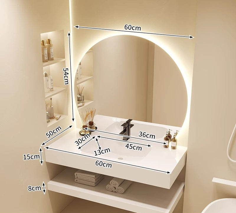 Cream-Style Bathroom Vanity – Seamless Sintered Stone & Ceramic Basin Set with Smart LED Half-Round Mirror