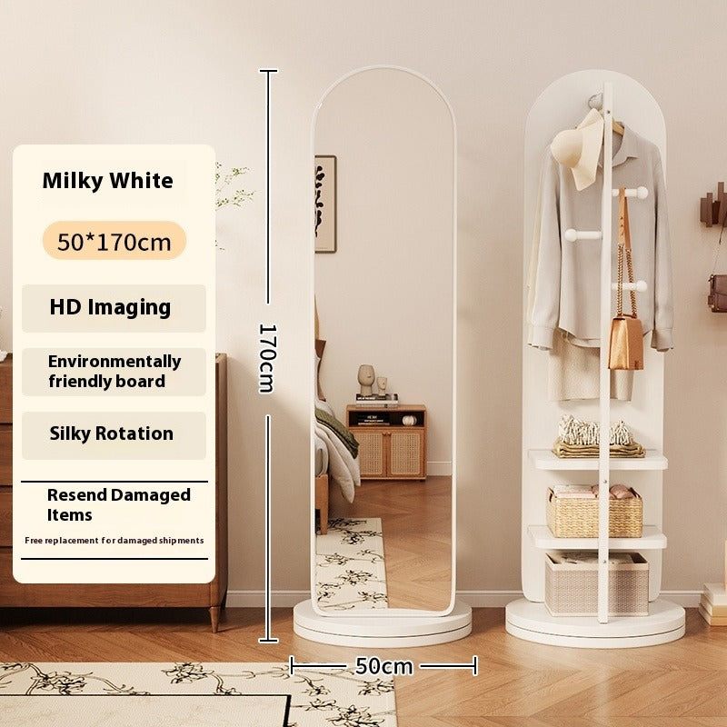 Rotating Full-Length Mirror with Coat Rack – Freestanding Dressing Mirror with Hooks and Wheels for Bedroom Use
