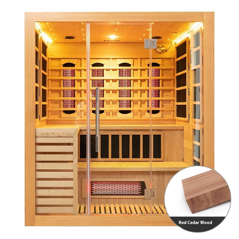 Solid Wood Home Sauna Room with Dual System, Infrared & Dry Steam, Volcanic Stone Therapy Cabin