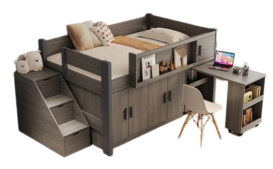 Elegant Multi-Functional Loft Bed with Ladder, Bookshelf, and Storage - New