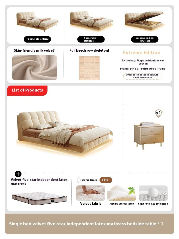 Elegant French Cream-Style Queen Size Fabric Bed with Independent Spring Mattress