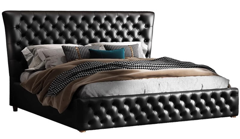 Elegant Vintage-Style King Size Tufted Leather Bed Set with 2 Nightstands and Latex Mattresses
