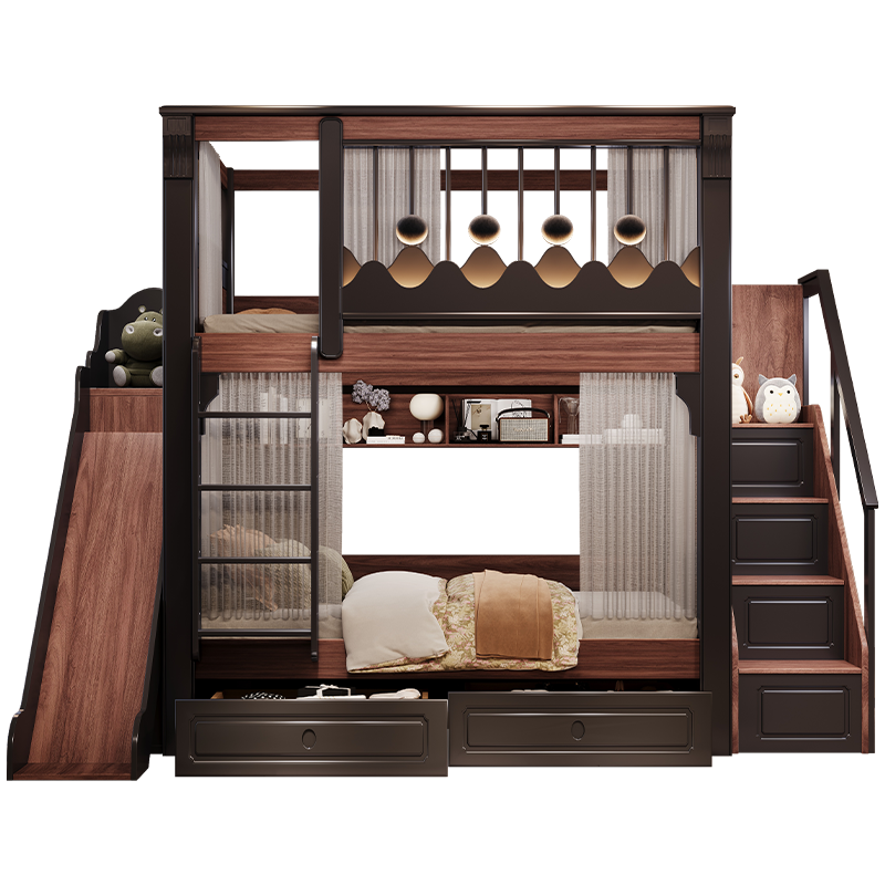 Elegant Antique-Style Bunk Bed with Bookshelf, Drawers, Staircase, and Slide - New