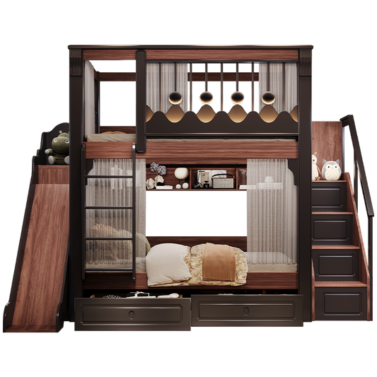 Elegant Antique-Style Bunk Bed with Bookshelf, Drawers, Staircase, and Slide - New