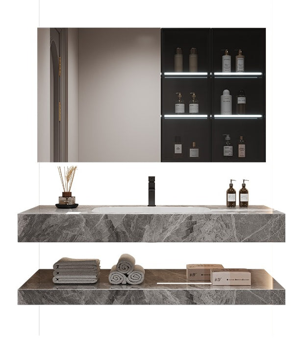Cream-Style Bathroom Vanity – Seamless Sintered Stone & Ceramic Basin Set with Smart LED Half-Round Mirror