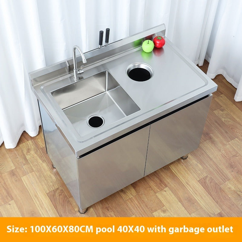 Stainless Steel Prep & Checkout Table – Integrated Sink, Workstation & Storage Cabinet for Kitchen or Retail Use