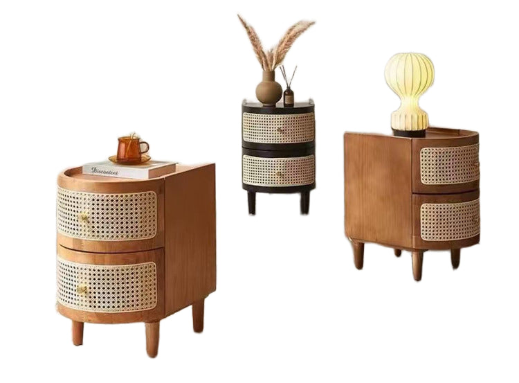 Vintage Japanese-Style Bedside Table – Solid Wood Nightstand with Rattan Design for Bedroom Storage