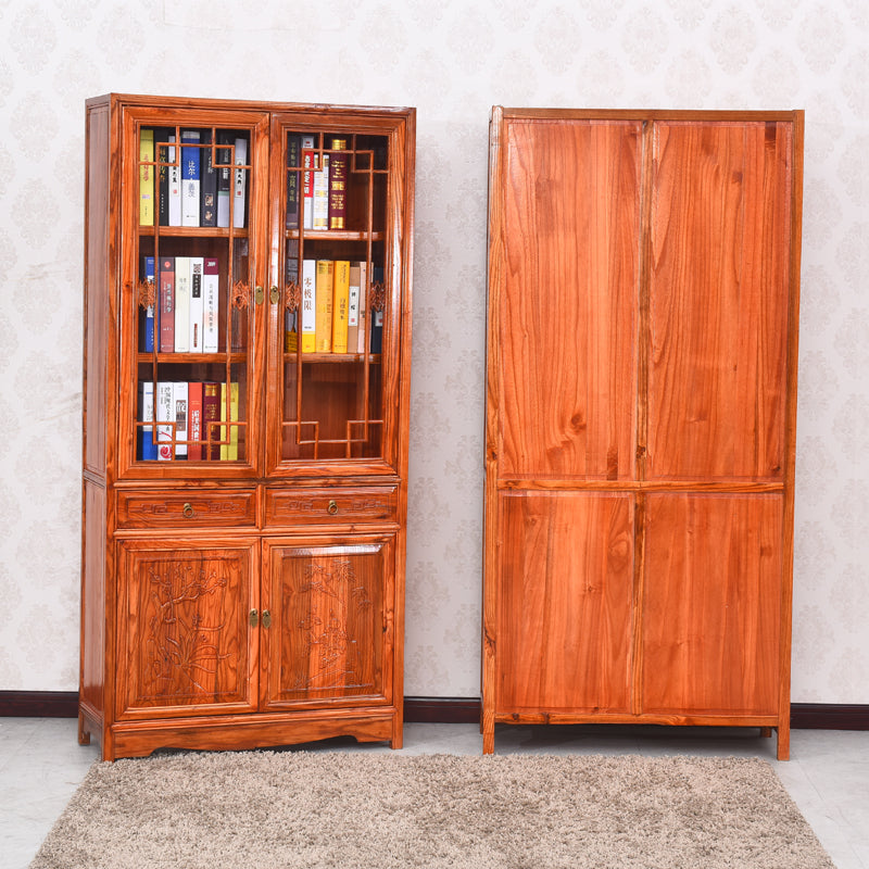 Chinese-Style Elm Wood Bookshelf – Antique Solid Wood Storage Cabinet for Living Room, Study & Office, No Glass Doors
