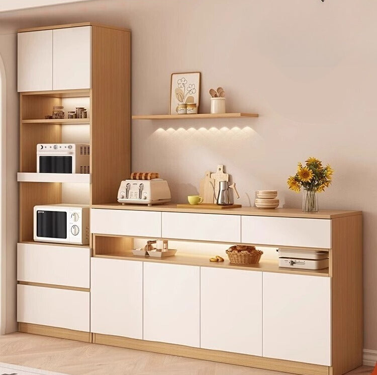 Nordic Solid Wood Sideboard – Full-Height Wall Cabinet with Tall & Low Storage Units for Kitchen & Living Room