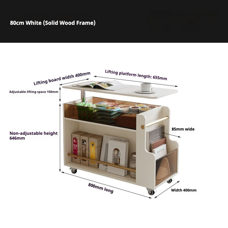 Adjustable Mobile Bedside Table – Cream-Style Multifunction Storage Rack & Laptop Desk with Solid Wood Panels
