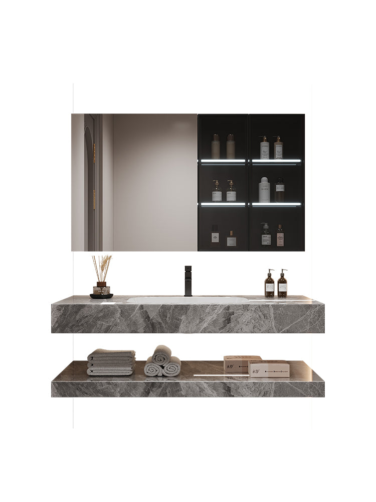 Cream-Style Bathroom Vanity – Seamless Sintered Stone & Ceramic Basin Set with Smart LED Half-Round Mirror