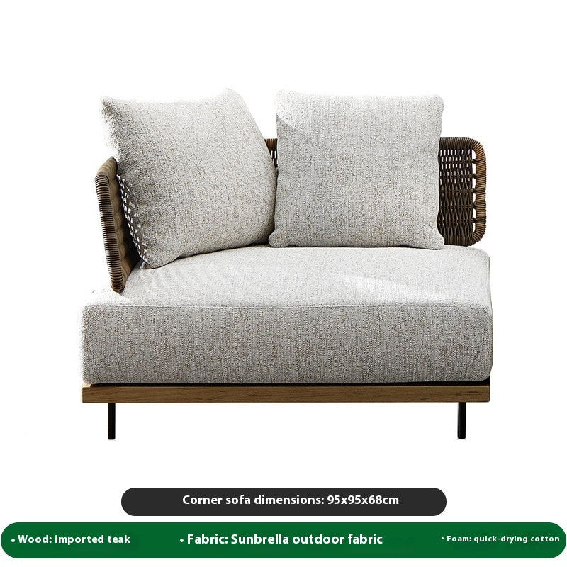 Outdoor Teak & Rattan Sofa Set with Coffee Table, Sunbrella Fabric & Quick-Dry Foam for Villa Garden & Patio