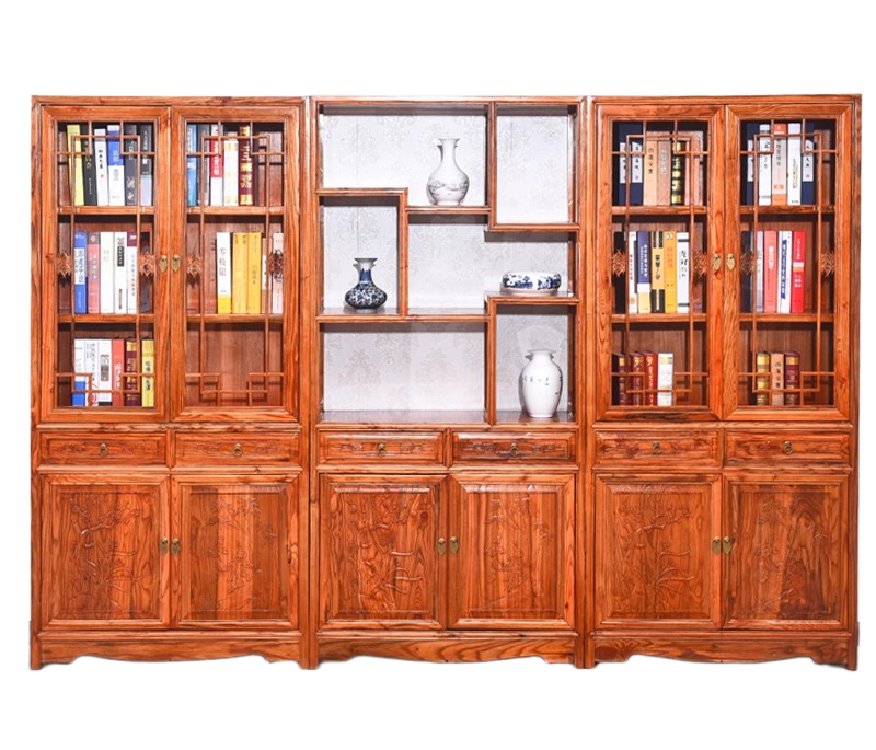 Chinese-Style Elm Wood Bookshelf – Antique Solid Wood Storage Cabinet for Living Room, Study & Office, No Glass Doors
