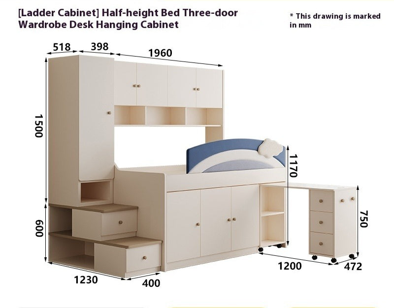 Elegant Kids Half-Height Bunk Bed with Desk, Bookshelf, and Storage - New