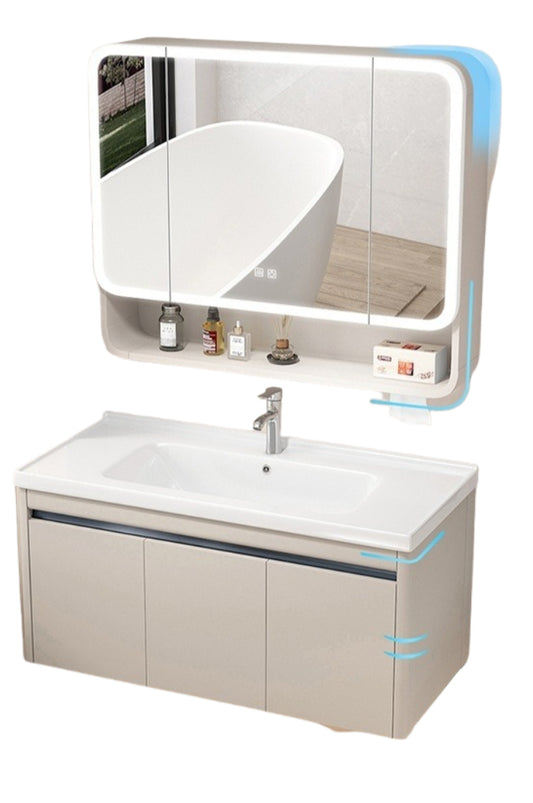 Cream-Style Honeycomb Aluminum Bathroom Vanity – Ceramic Basin Set with Smart Curved Mirror Cabinet & Tissue Slot
