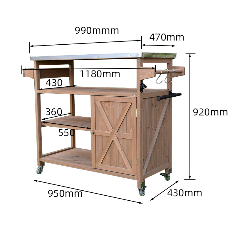 Outdoor Solid Wood Serving Cart – Mobile Storage & Prep Table with Wheels for Garden Use, Weather-Resistant
