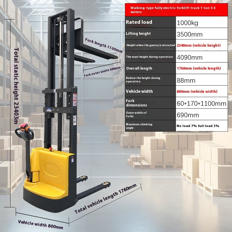 Compact Full Electric Forklift Stacker with Hydraulic Lift for Loading, Unloading & Pallet Handling