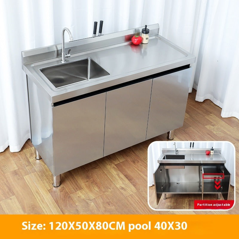 Stainless Steel Prep & Checkout Table – Integrated Sink, Workstation & Storage Cabinet for Kitchen or Retail Use