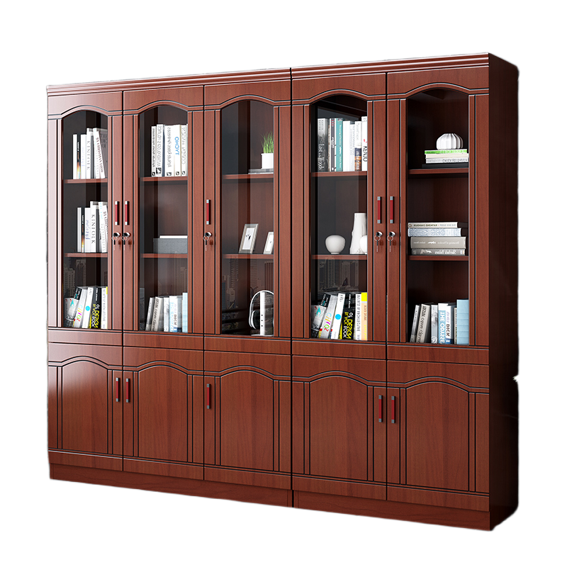 Chinese-Style Solid Wood Office Cabinet – Floor Standing Bookshelf with Glass Doors & File Storage