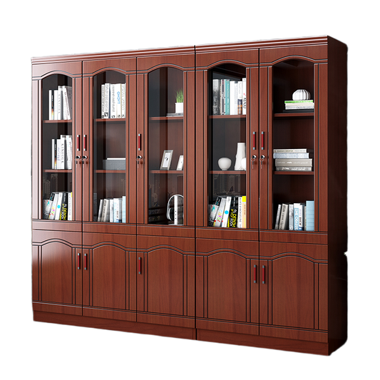 Chinese-Style Solid Wood Office Cabinet – Floor Standing Bookshelf with Glass Doors & File Storage