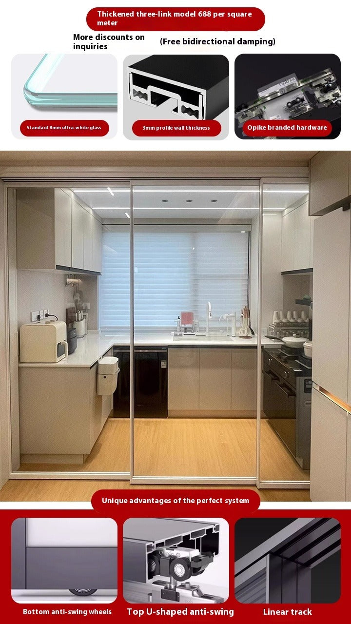 OPK Ultra-Slim 3-Panel Sliding Glass Door – Trackless Kitchen Partition for Balcony & Interior Use