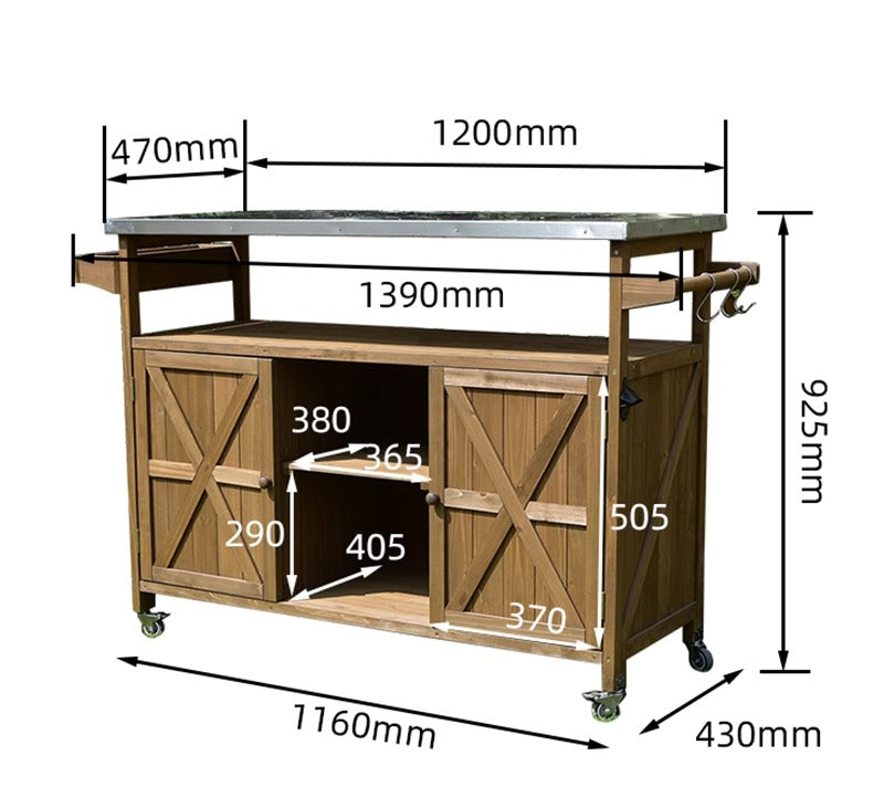 Outdoor Solid Wood Serving Cart – Mobile Storage & Prep Table with Wheels for Garden Use, Weather-Resistant