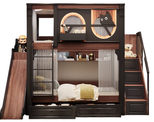 Elegant Solid Wood Bunk Bed with Bookshelf, Drawers, and Staircase Slide - Double Size