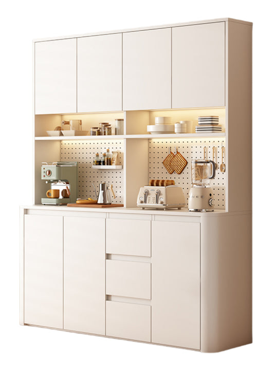 Cream-Style Rounded Corner Sideboard – Wall-Mounted Wooden Wine & Storage Cabinet with Pegboard for Kitchen or Living Room