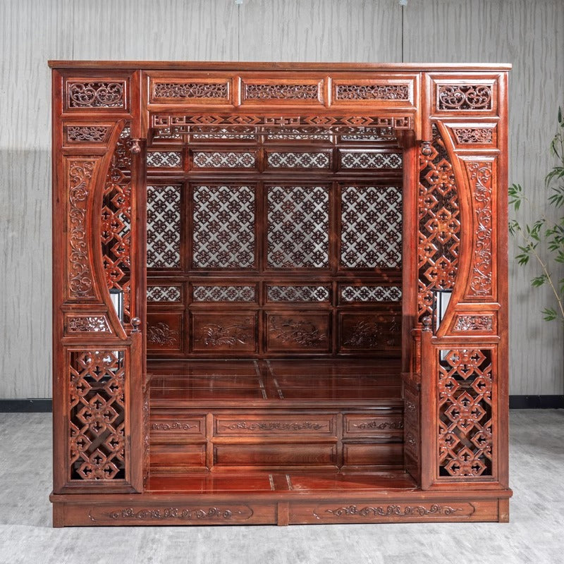 Traditional Chinese Canopy Bed – Antique-Style Carved Rosewood Step Bed in Red Pear or Wood