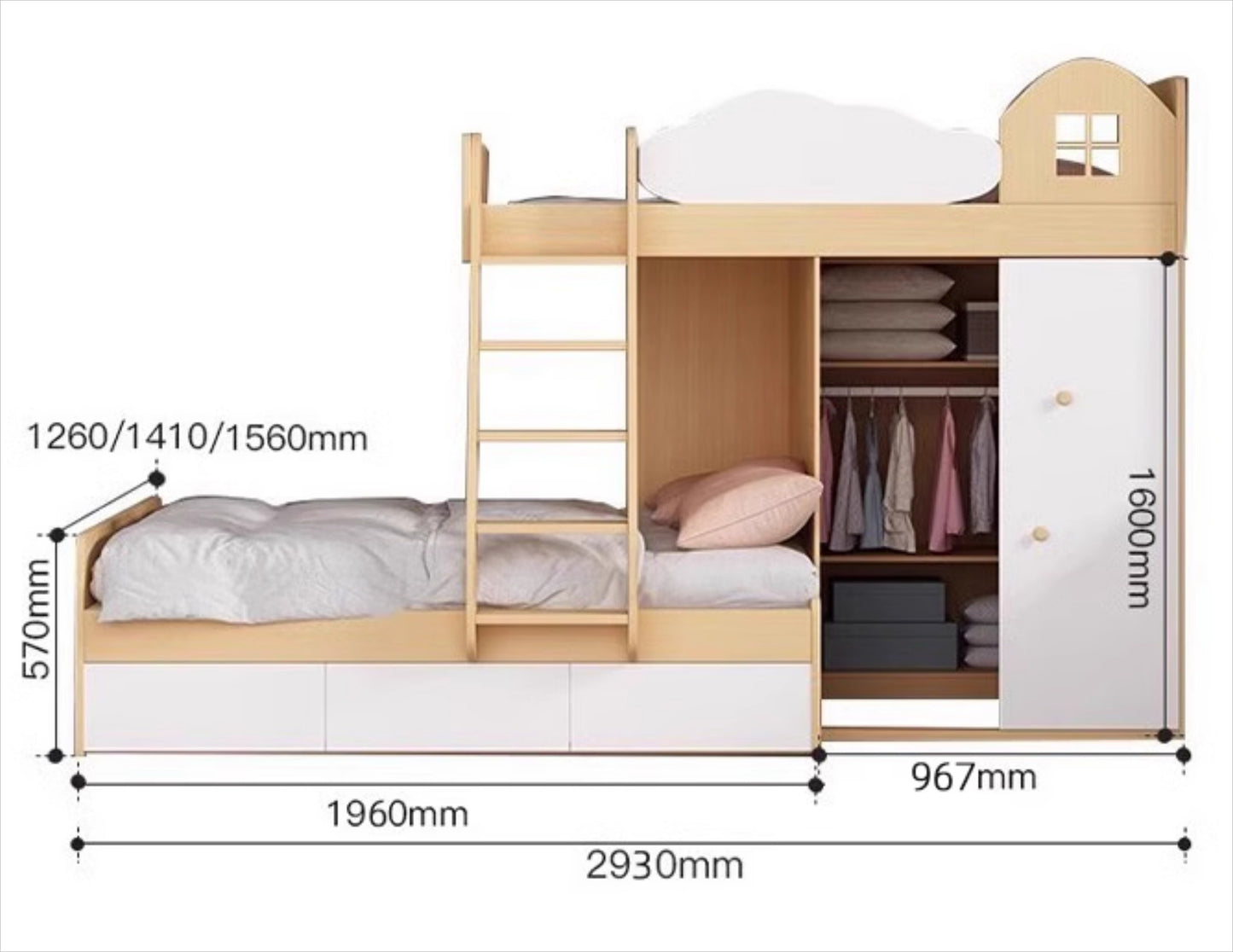 Elegant Kids Bunk Bed with Storage and Cloakroom, Sturdy Wooden Frame, Multiple Sizes
