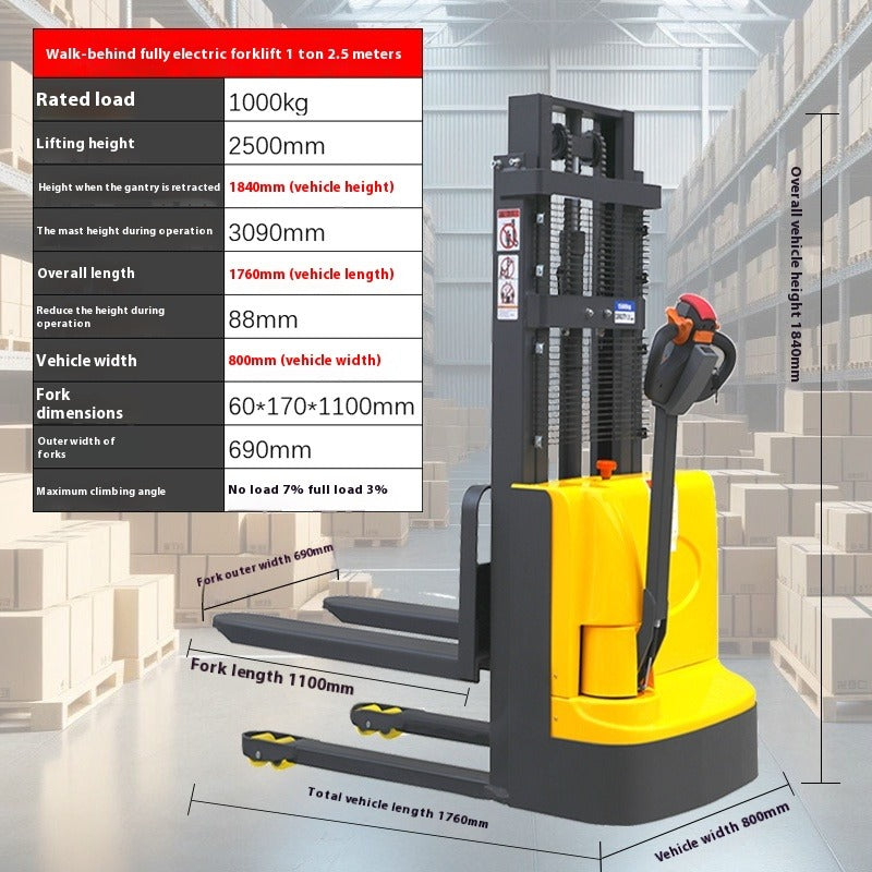 Compact Full Electric Forklift Stacker with Hydraulic Lift for Loading, Unloading & Pallet Handling