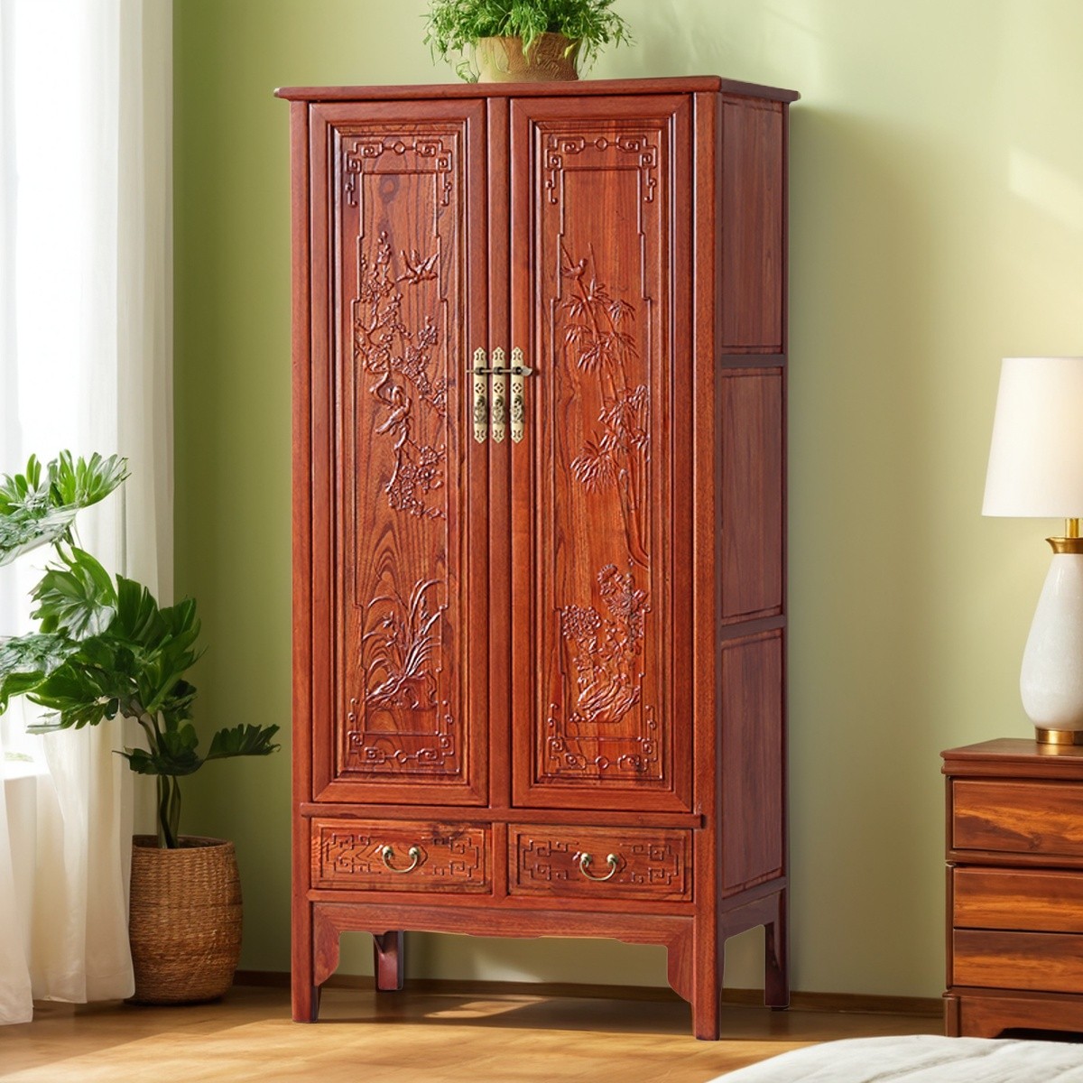 Chinese-Style Solid Wood Wardrobe – 2-Door Carved Armoire with Top Cabinet for Bedroom Storage