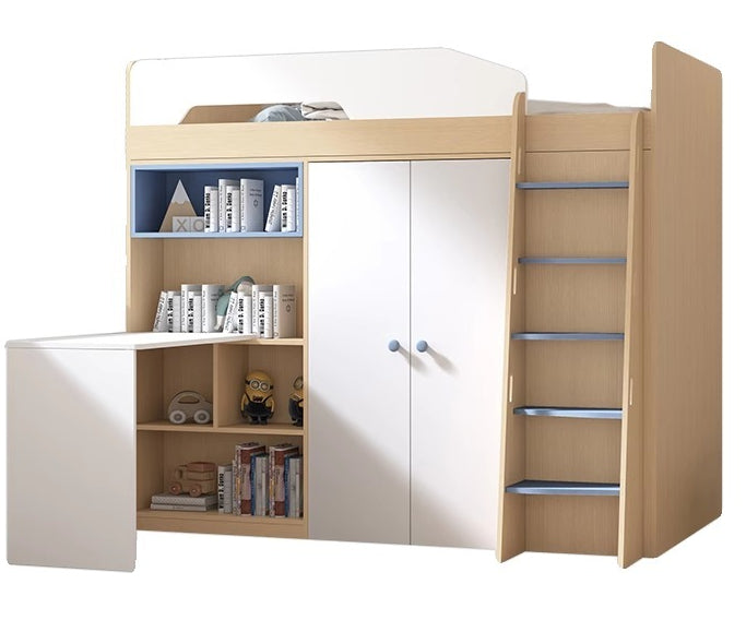 Elegant Kids High-Top Tatami Bed with Wardrobe, Desk, and Ladder Cabinet - New