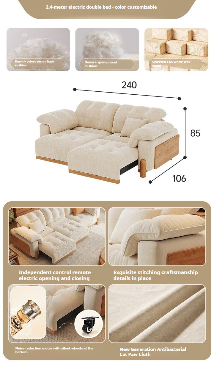 Electric Extendable Fabric Sofa Bed in Japandi Cream Style with Wood Frame for Small Living Rooms