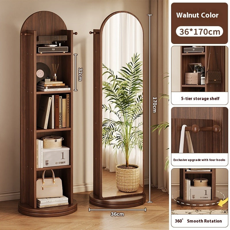 Rotating Full-Length Mirror with Coat Rack – Freestanding Dressing Mirror with Hooks and Wheels for Bedroom Use