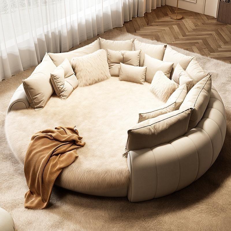 Cream-Style Round Bed – Modern Double Princess Wedding Bed with Spring & Latex Mattress for Home or Hotel