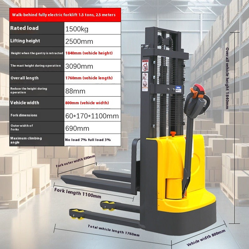 Compact Full Electric Forklift Stacker with Hydraulic Lift for Loading, Unloading & Pallet Handling
