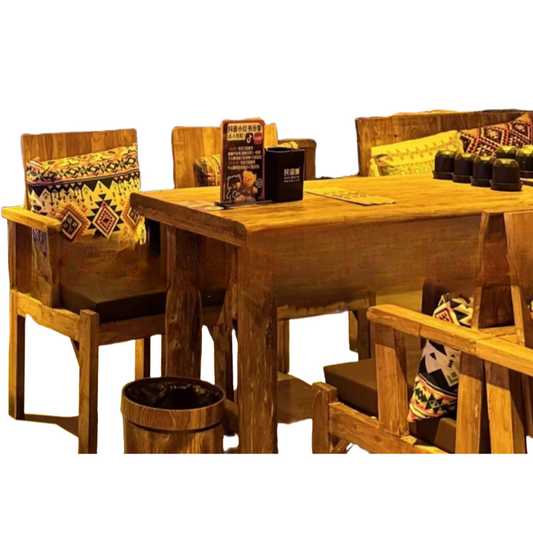 Rustic Elm Wood Dining Table & Booth Seating Set for Folk Bars, BBQ Taverns & Music Cafés