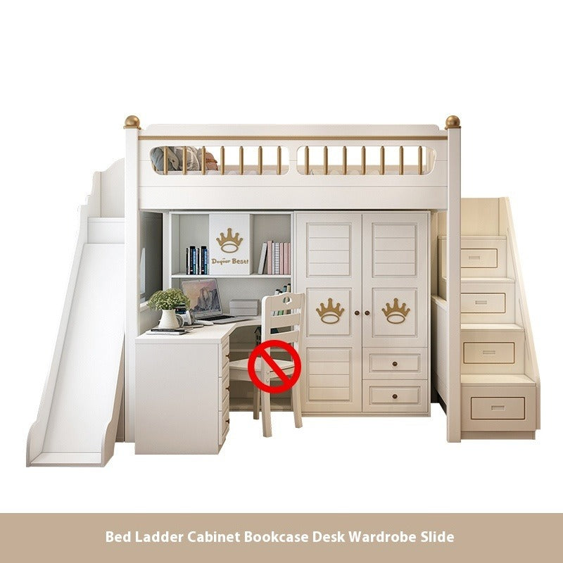 Elegant High-Quality Wood Loft Bunk Bed with Slide, Ladder, Bookcase, Desk, and Wardrobe