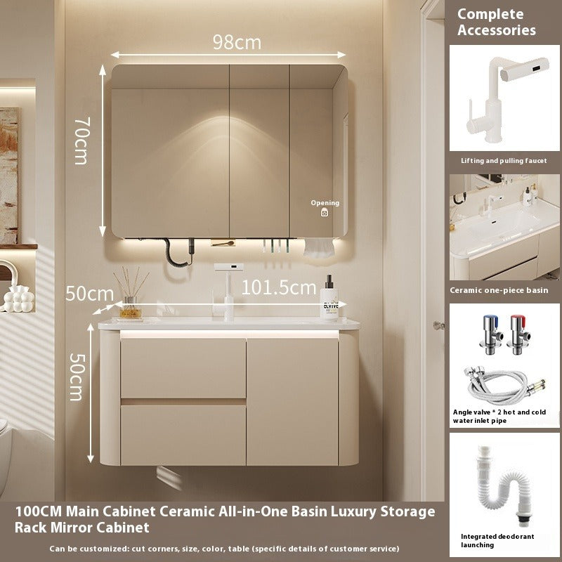 Custom All Designs - Cream-Style Bathroom Vanity Set – Integrated Ceramic Basin with Smart Multi-Function Mirror Cabinet