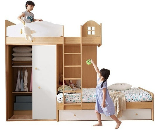 Elegant Kids Bunk Bed with Storage and Cloakroom, Sturdy Wooden Frame, Multiple Sizes