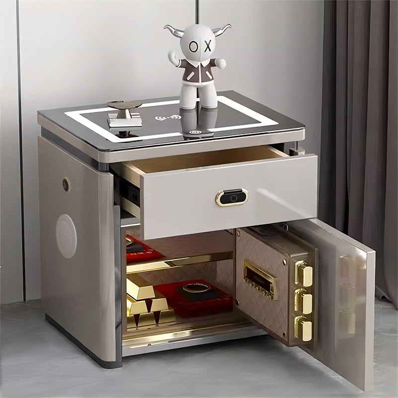 Smart Bedside Safe Cabinet - All-in-One Drawer with Fingerprint Lock, Wireless Charging, USB Fast Charging, Bluetooth Speaker & LED Light