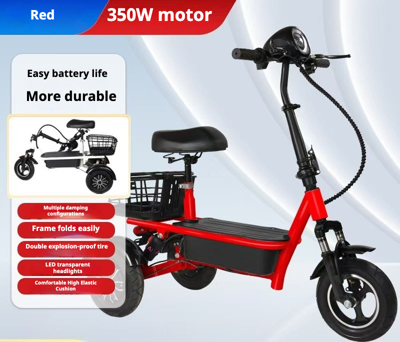 Compact 2-Seater Electric Trike E-Bike with 350W Motor, Lithium Battery, and Foldable Design - New