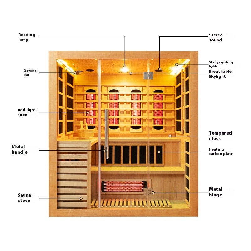 Solid Wood Home Sauna Room with Dual System, Infrared & Dry Steam, Volcanic Stone Therapy Cabin