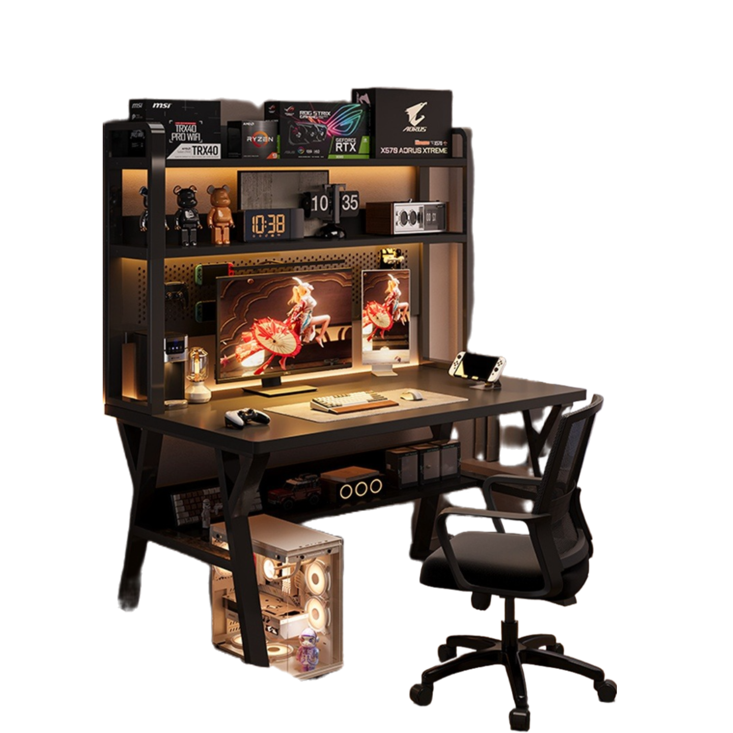 Computer Desk with Chair & Pegboard Bookshelf – All-in-One Home Office and Gaming Setup with Magnetic Hooks